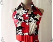 Floral Tea Dress Red and Black Floral Filigree Vintage Inspired Party Wedding Cocktail Garden Dress Summer Perfection Dress -Size S
