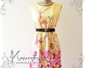 Wonder Floral -Yellow with Exotic Pink Floral Dress Sleeveless Dress Wedding Party Every Day Dress-Size M-