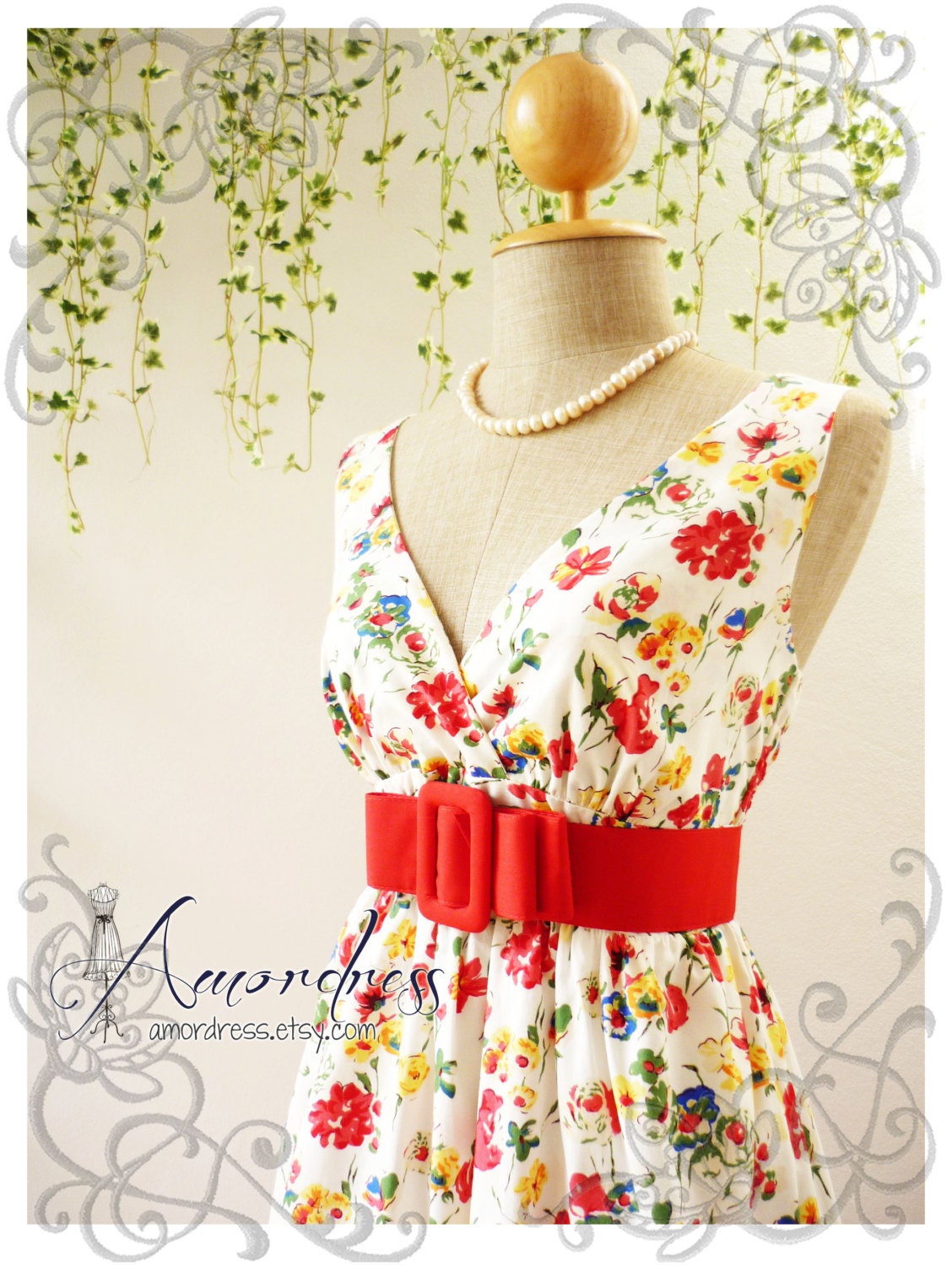 White Red Floral Dress High Waisted Vintage Inspired Dress Cocktail Garden Dress Tea Party Dresses -S-M-