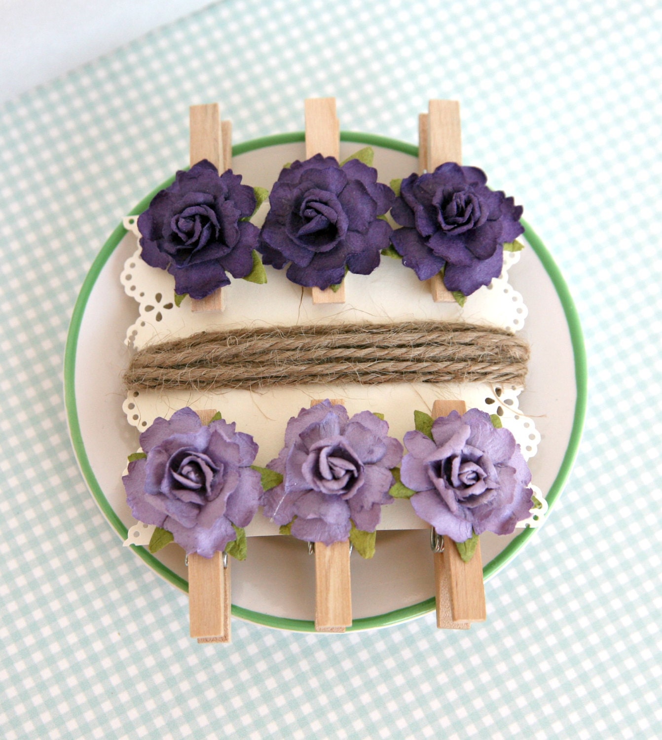 Photo and Note Garland Kit--Purple Violet Flowers and Clothespins