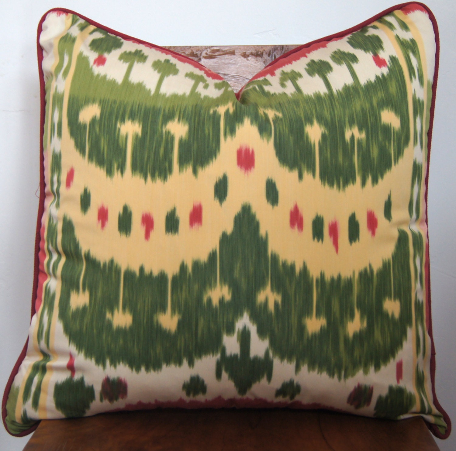 F. Schumacher Custom Samarkand Ikat Pillow Cover in Watermelon with solid Raspberry Linen Size 24x24
