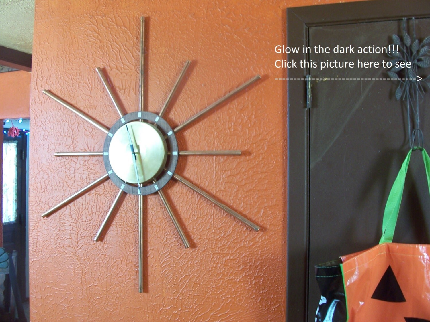 handmade giant copper, wood, and brass starburst clock with glow in the dark dial