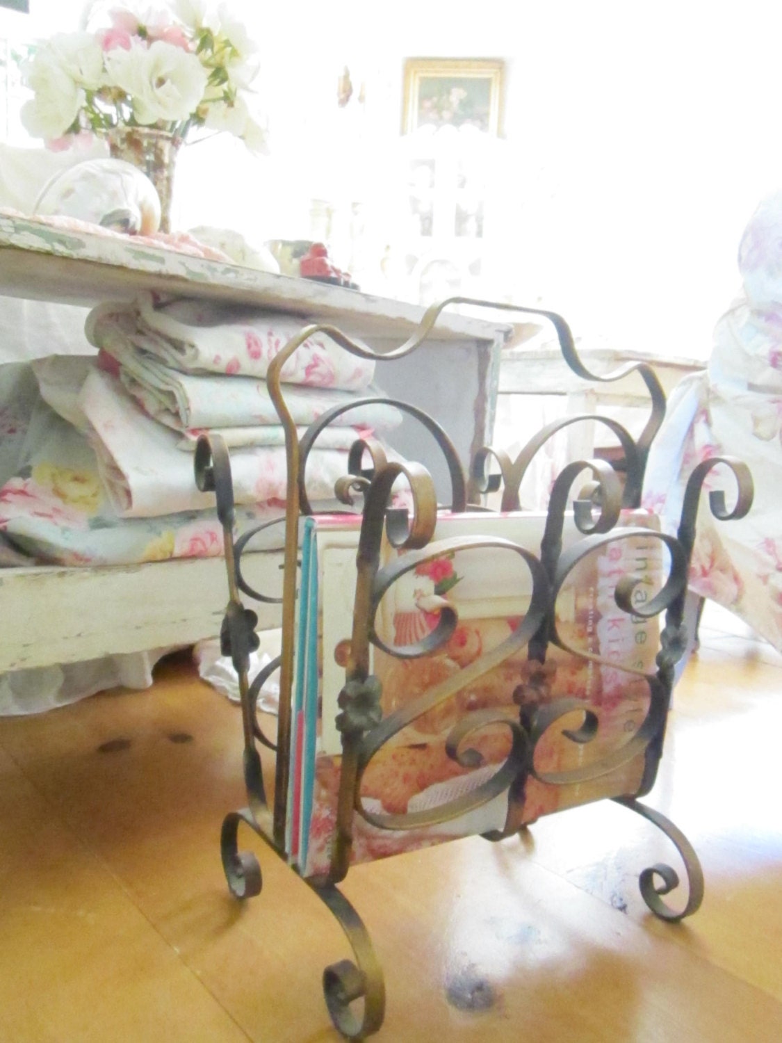 vintage metal magazine book rack  with flowers cottage chic prairie