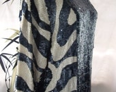 50s navy blue white  zebra silk shirt heavily sequin beaded  med-lg vintage art deco abstract