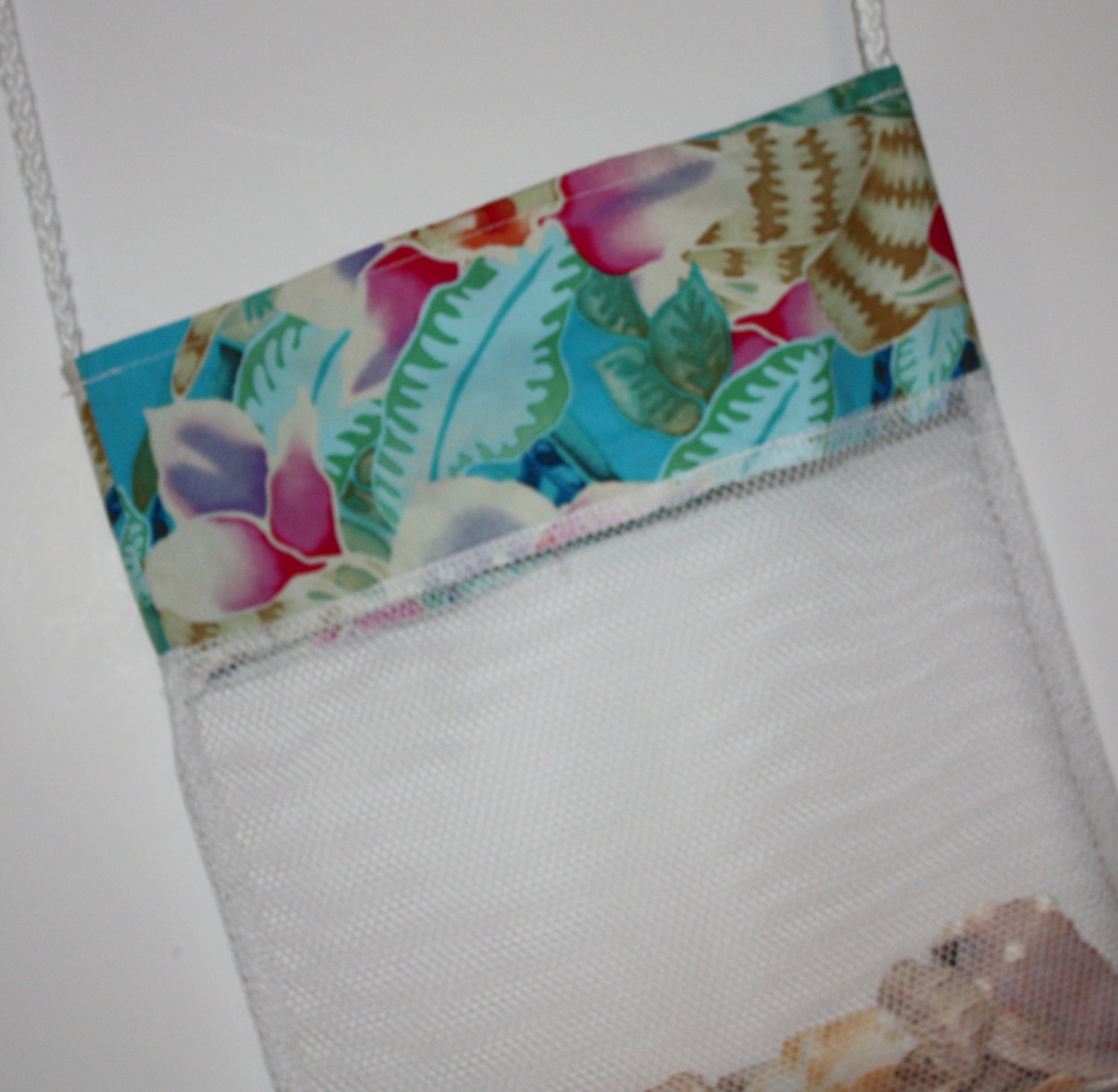 Shell Bag Mesh ORCHIDS Tropical Aquamarine Beach Bag, Shower Caddy, Seashell bag