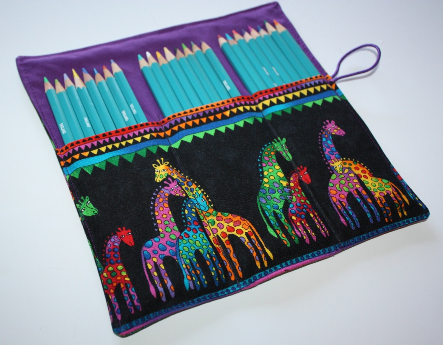 Giraffes Roll-Up Carrying Case for Pencils, Markers, Sharpies, Art Supplies Case Laurel Burch Jungle Song Fabric