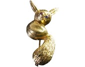 Vintage Italian 18K Gold Fox Brooch With Ruby Eyes & Sapphire Nose