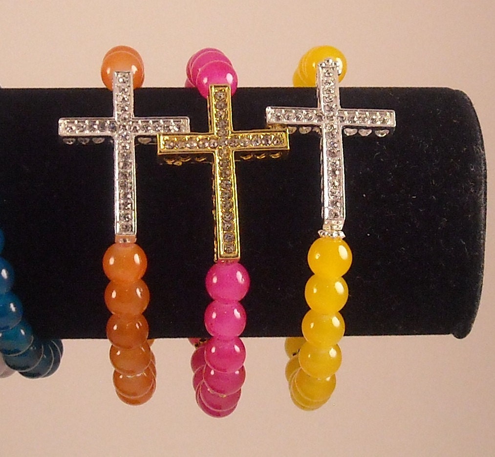Rhinestone Bling Side Cross Metal Spacers Glass Beads Beaded Bracelet