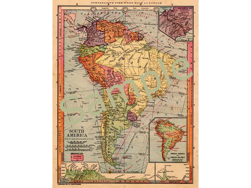 Old Map of South America, Ecuador, Colombia, Brazil, Peru, Argentina, Chile, Uruguay Instant Download 1880s