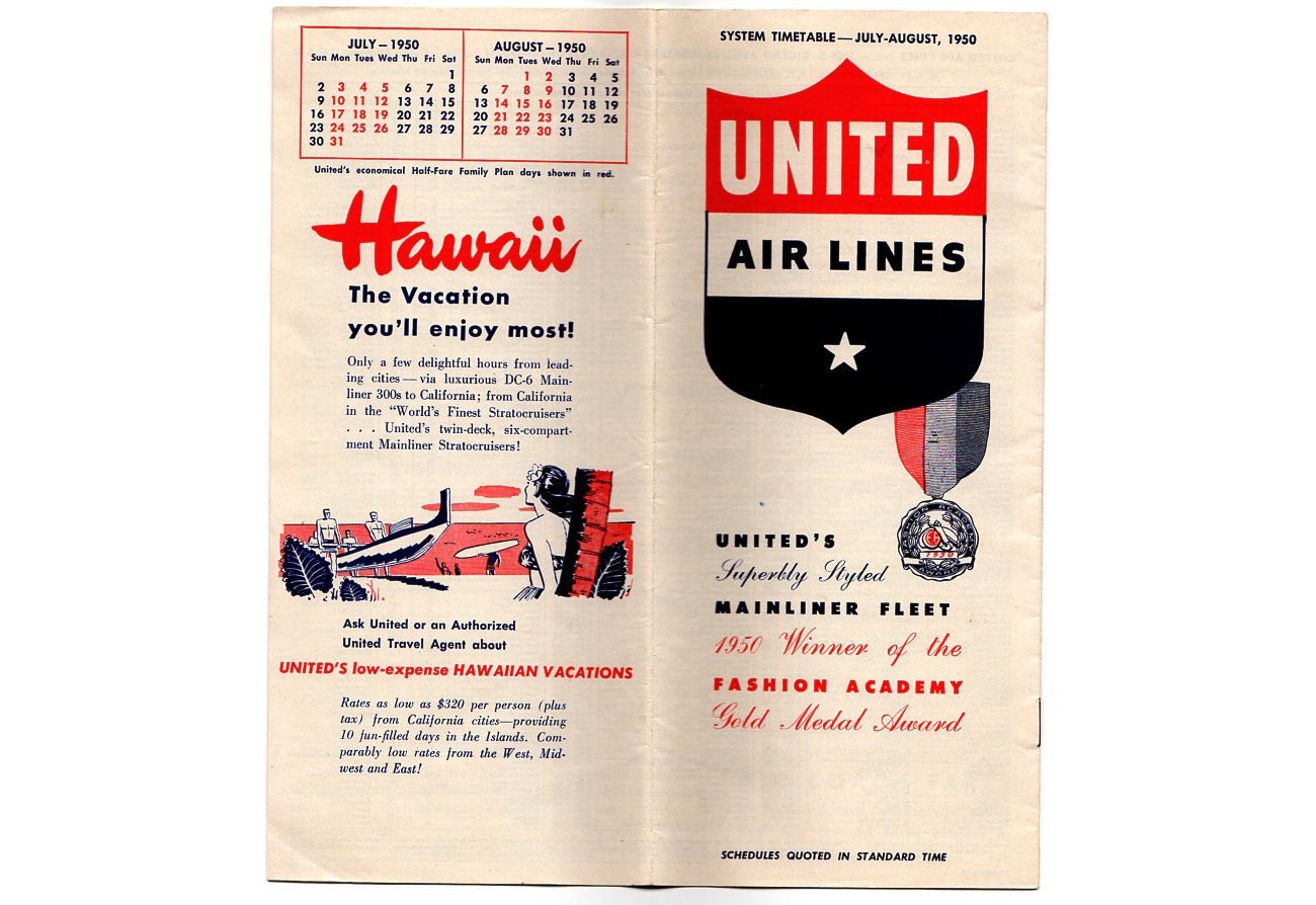 United Airlines System Time Table July August 1950