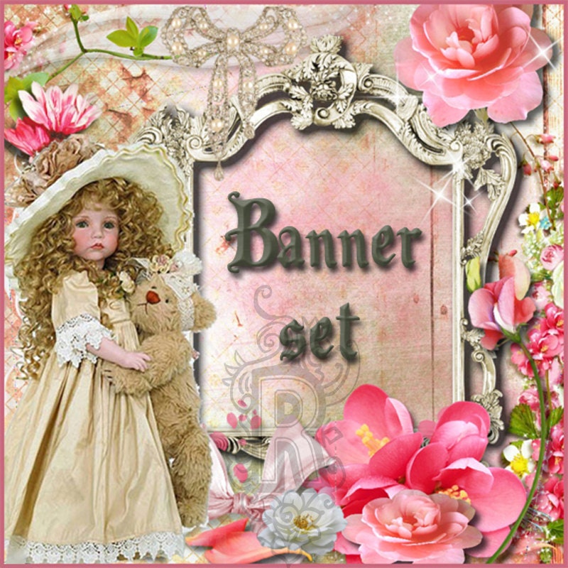 Shop Banner Avatar Blog Set 9 pieces and matching business card(printable)-vintage,girl,doll