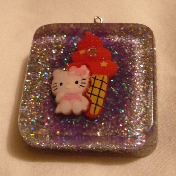 Kawaii Resin Pendant, Hello Kitty Silver and Purple Glittered With Handmade Chain