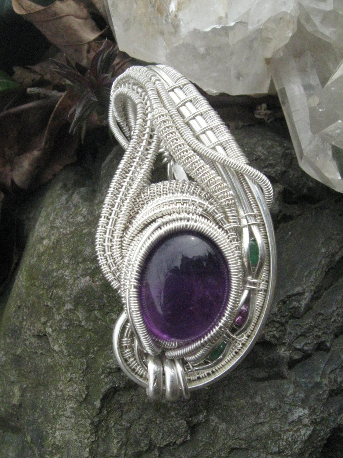 Amethyst, Emeralds and Pink Sapphire Wire Wrapped Pendant in Sterling Silver
