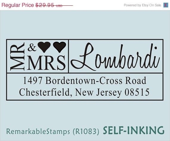 ON SALE Custom Address Stamp - Mr and Mrs Names with Heart  - Etsy Design (R1083) Self-inking Just Married Wedding Gift
