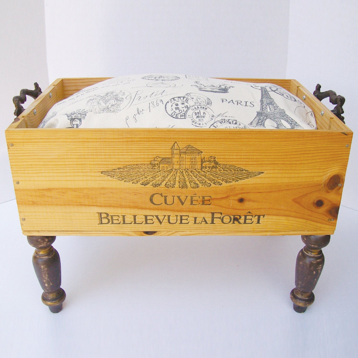 Wine Crate Pet bed with Soft Brown Minky or Paris Theme Fabric Pillow and Shabby Chic Wooden Legs - for Cats or Small dogs