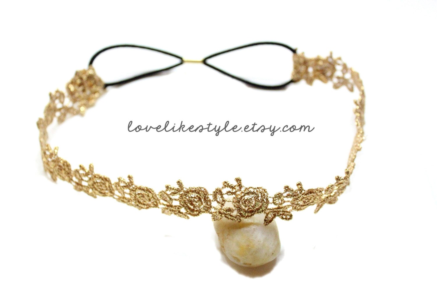 Gold Flower Metallic Lace Elastic Headband