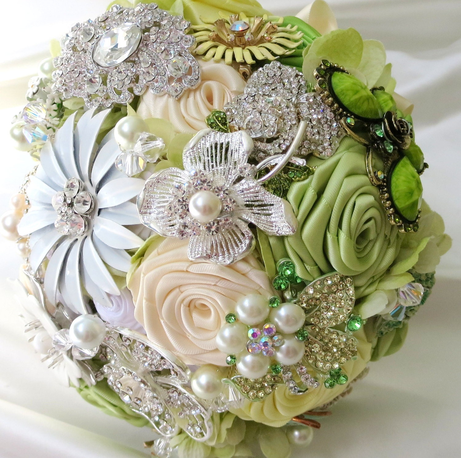 Green Bridal Brooch Bouquet,  Ribbon Rose Bouquet, Wedding Bouquet,Green Bouquet, READY TO SHIP