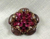 SIGNED Regency Brooch / Plum Variegated Cabochons and Brilliant PINK Rhinestones / Large