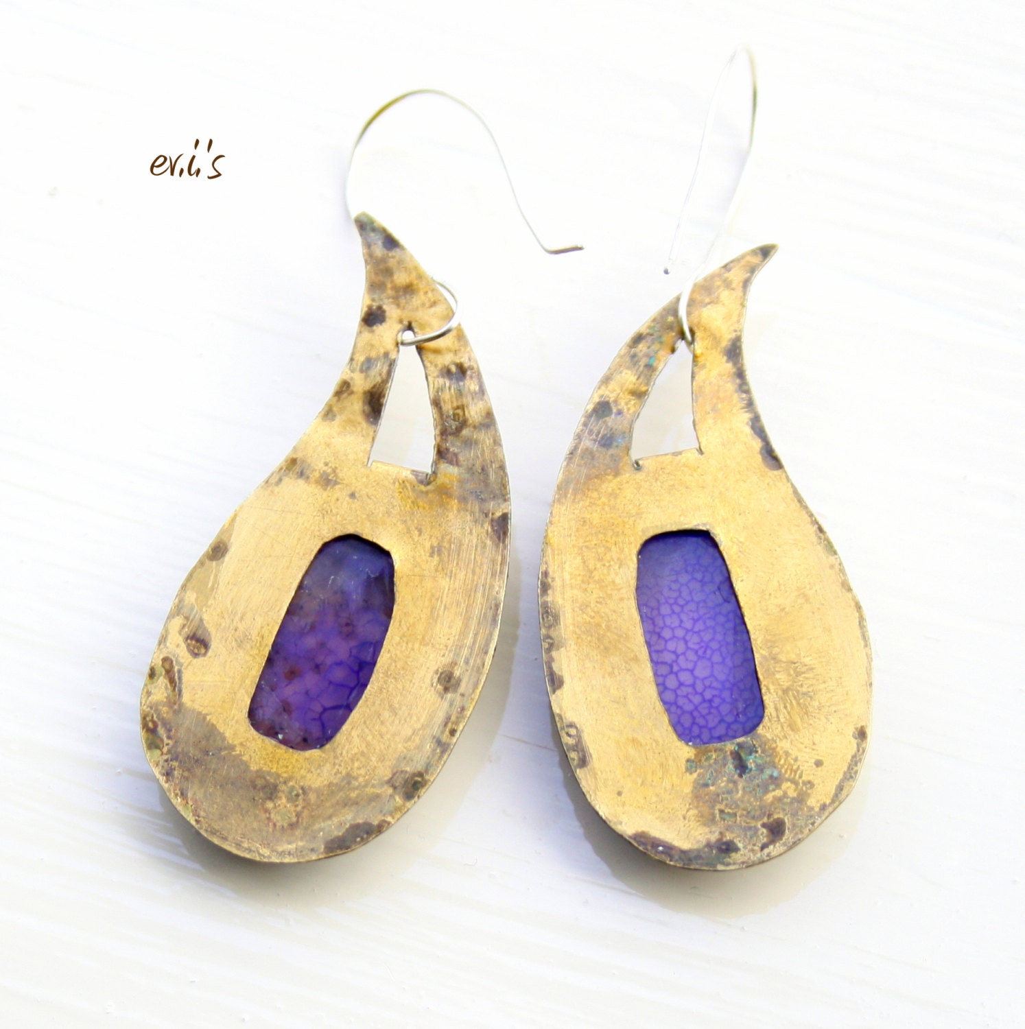 Handcrafted Eco Friendly Oxidized Brass Paisley Teardrop Metalwork Soldered Dangle Statement Drop Earrings with Purple Agate Gift for Her