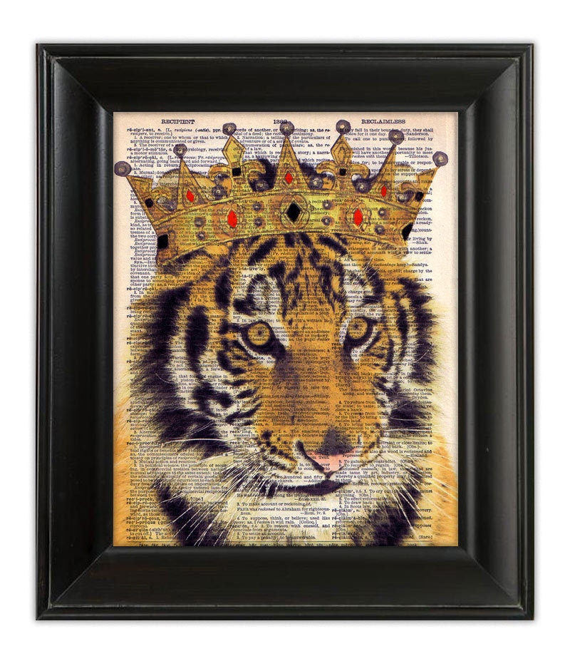 TIGER KING Cat Prince Original Mixed Media Art Print Painting Illustration on Antique English Dictionary Book Page 8x10
