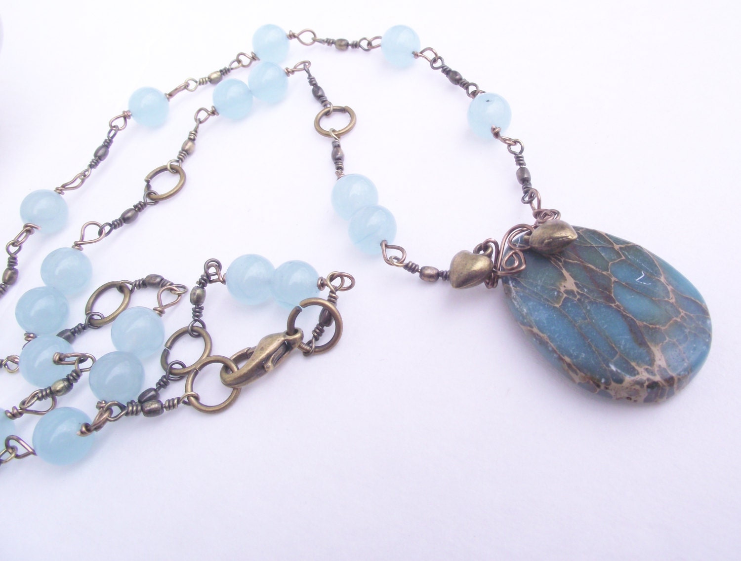 Aqua Jade Necklace, Aqua Terra Jasper and Jade, Brass accents and Hearts, Mothers Day,Spring Fashion,Love Boat , Handmade by Lyrisgems