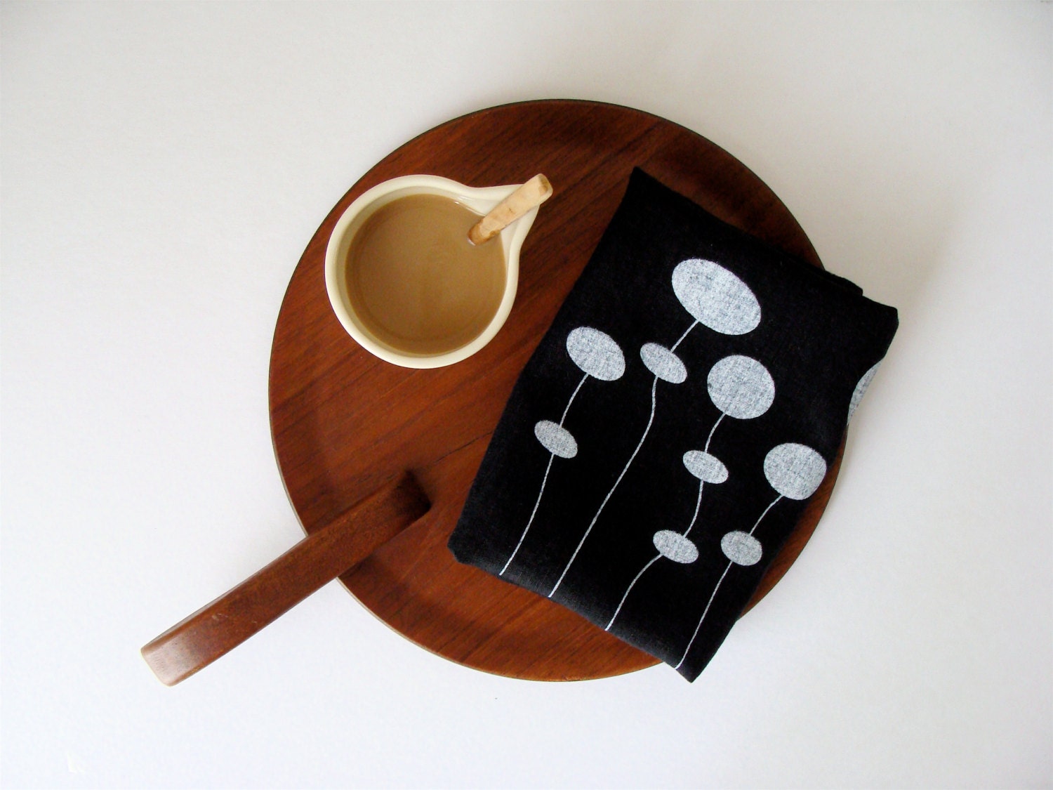 Black Linen Screen Printed Eco Friendly Tea Towel Modern Flowers