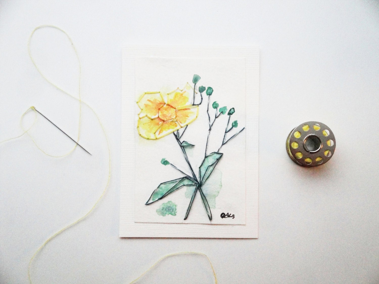 Original ACEO - Embroidered Watercolor Painting - The Yellow Buttercup - 3.5x2.5 Yellow, Green, Floral, Summer, Garden, Nature, Art