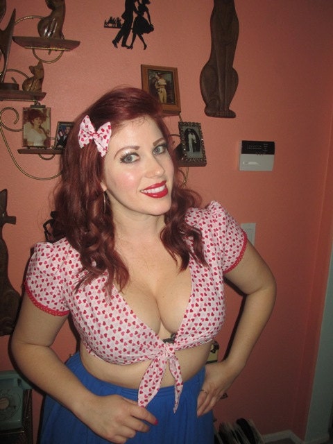 Red Hearts Valentines Day Pink Hearts Crop Top Matching Hair Bow Retro Rockabilly Pinup 1950s