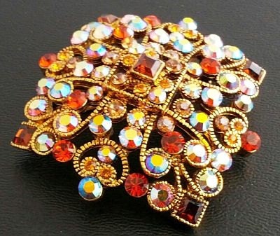 Vintage Rhinestone Brooch Pin Joan Rivers Orange Topaz AB Color Braided Gold Hearts 2 1/4" VG