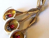 Vintage Sterling Brooch Pin Deep Pink Rhinestones Flower Design Gold Wash 3 1/4" VG