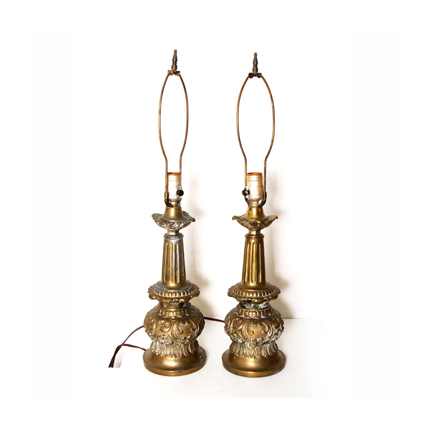 Vintage Pair Ornate Brass Lamps, Working