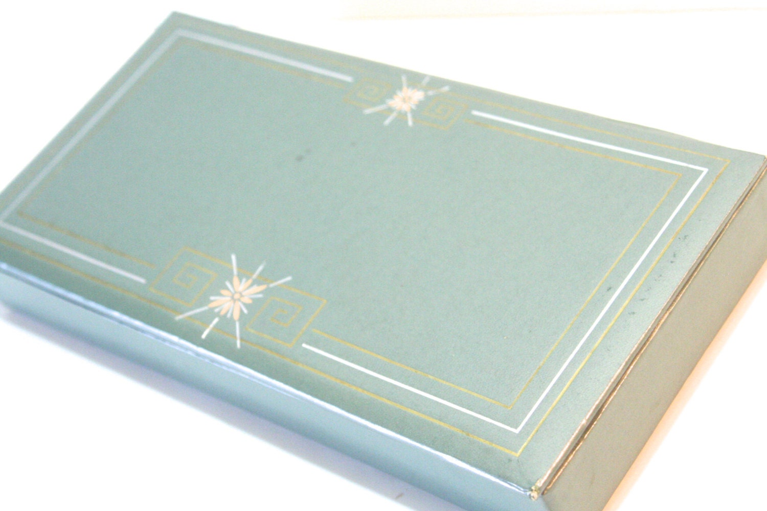 Vintage Glove Box for Jewelry or Vanity Storage Silvery Teal with greek key detail for your Hollywood Regency Space