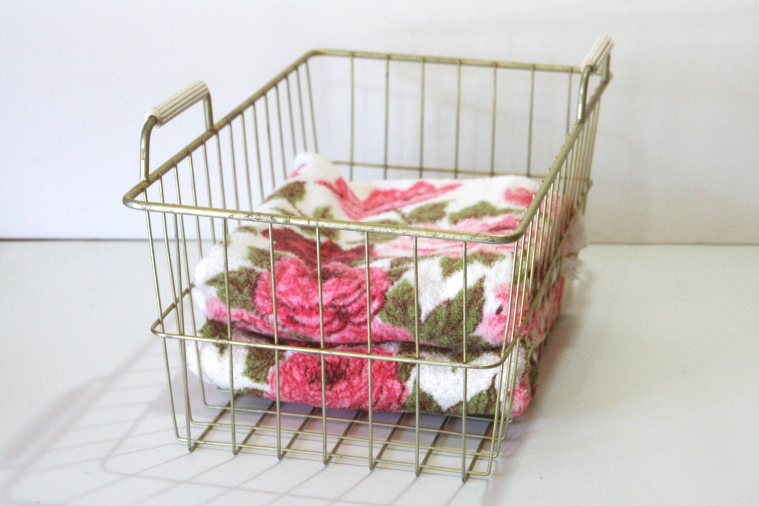 Vintage Wire Storage Laundry Basket Mid Century Gold Yellow with plastic handles Cottage Farmhouse or Steampunk Industrial Chic