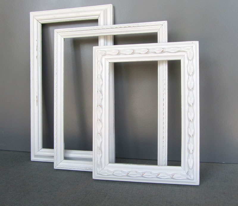 Shabby Chic White Ornate Frames- Upcycled Painted OPEN frames set of 3 White Yellow Grey White Coral Mint Black White Grey Modern