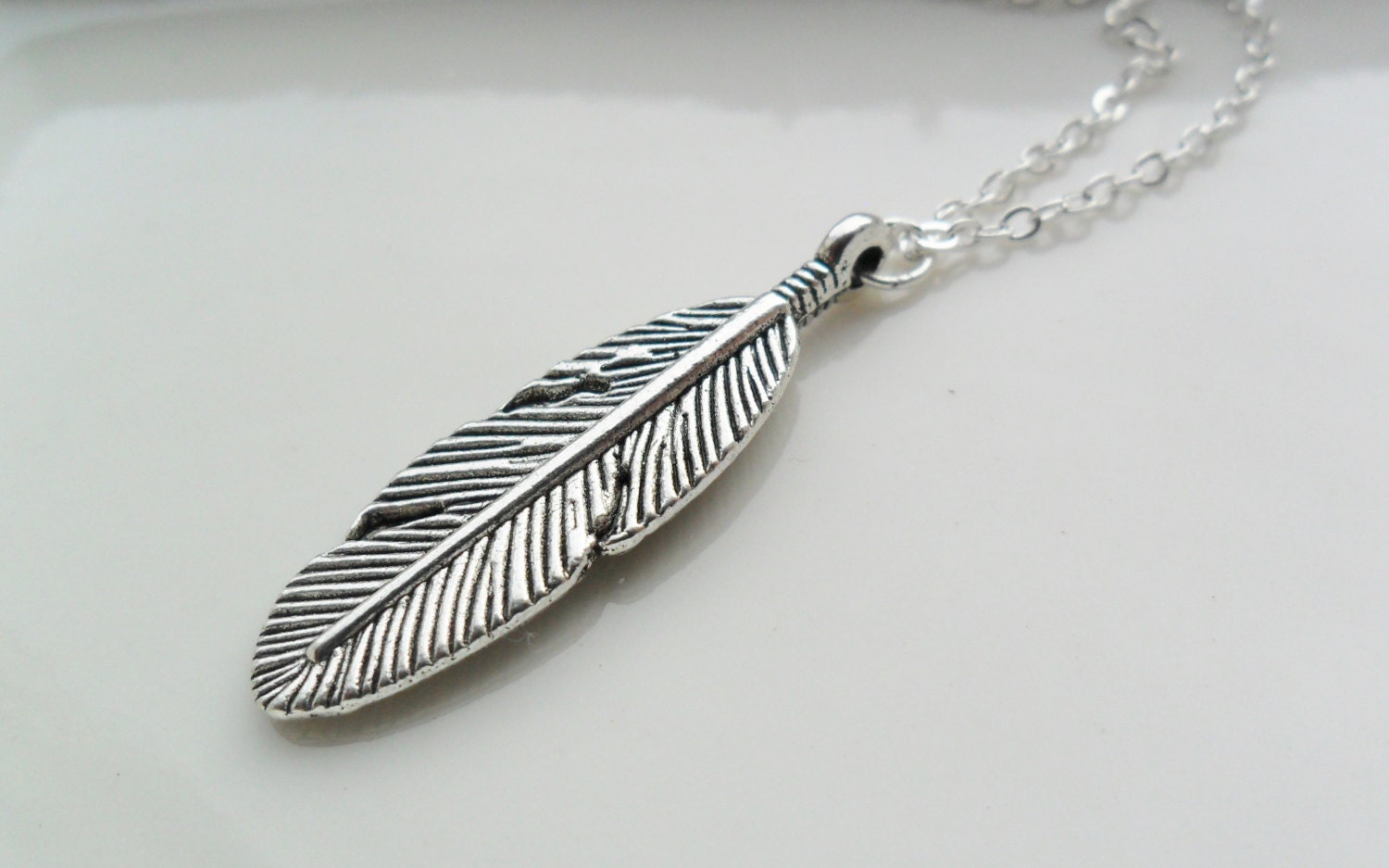 Tibetan silver feather charm long silver necklace