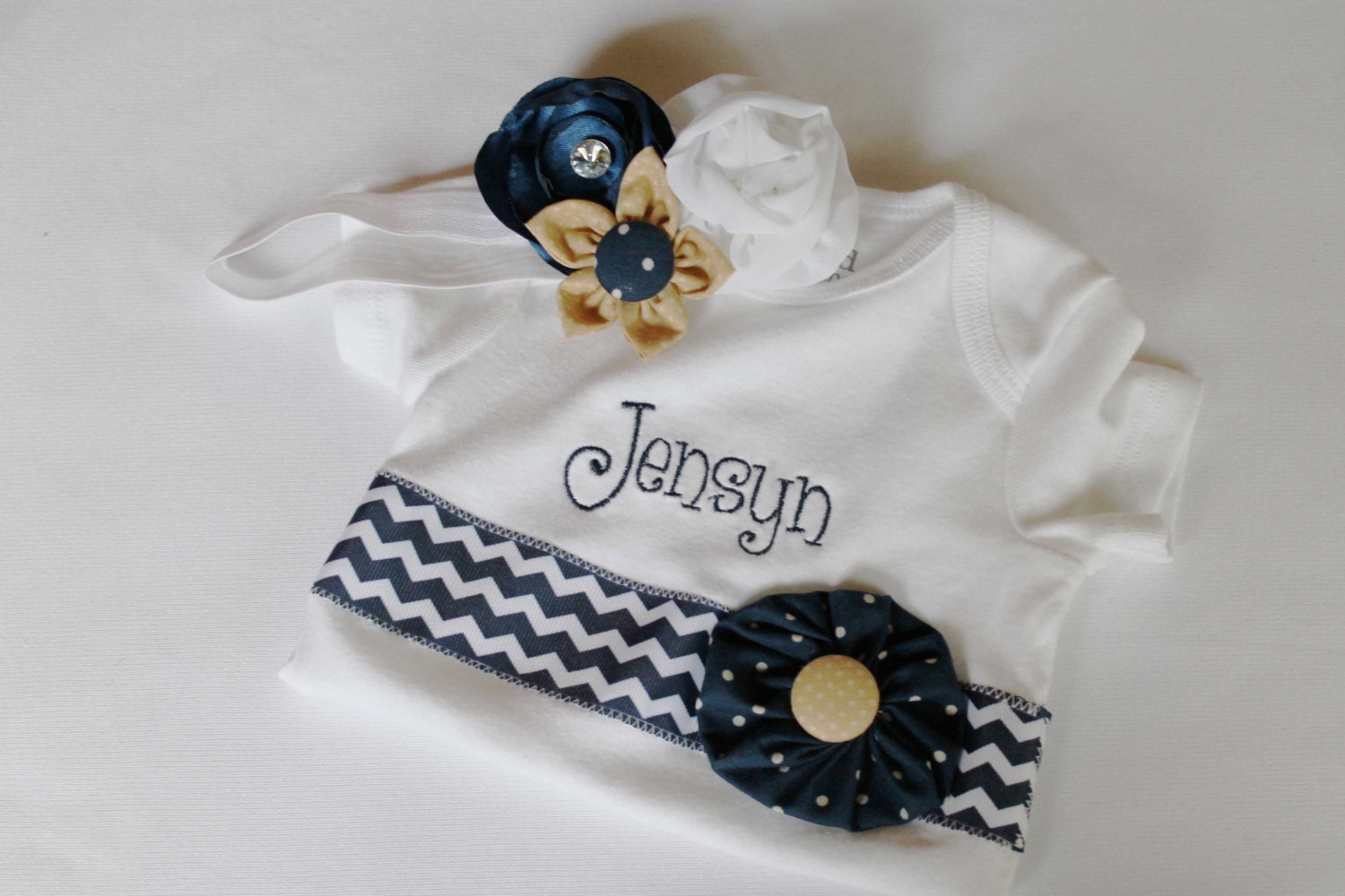Custom Onesie and Fabric Flower Headband Made to Match Sports Team