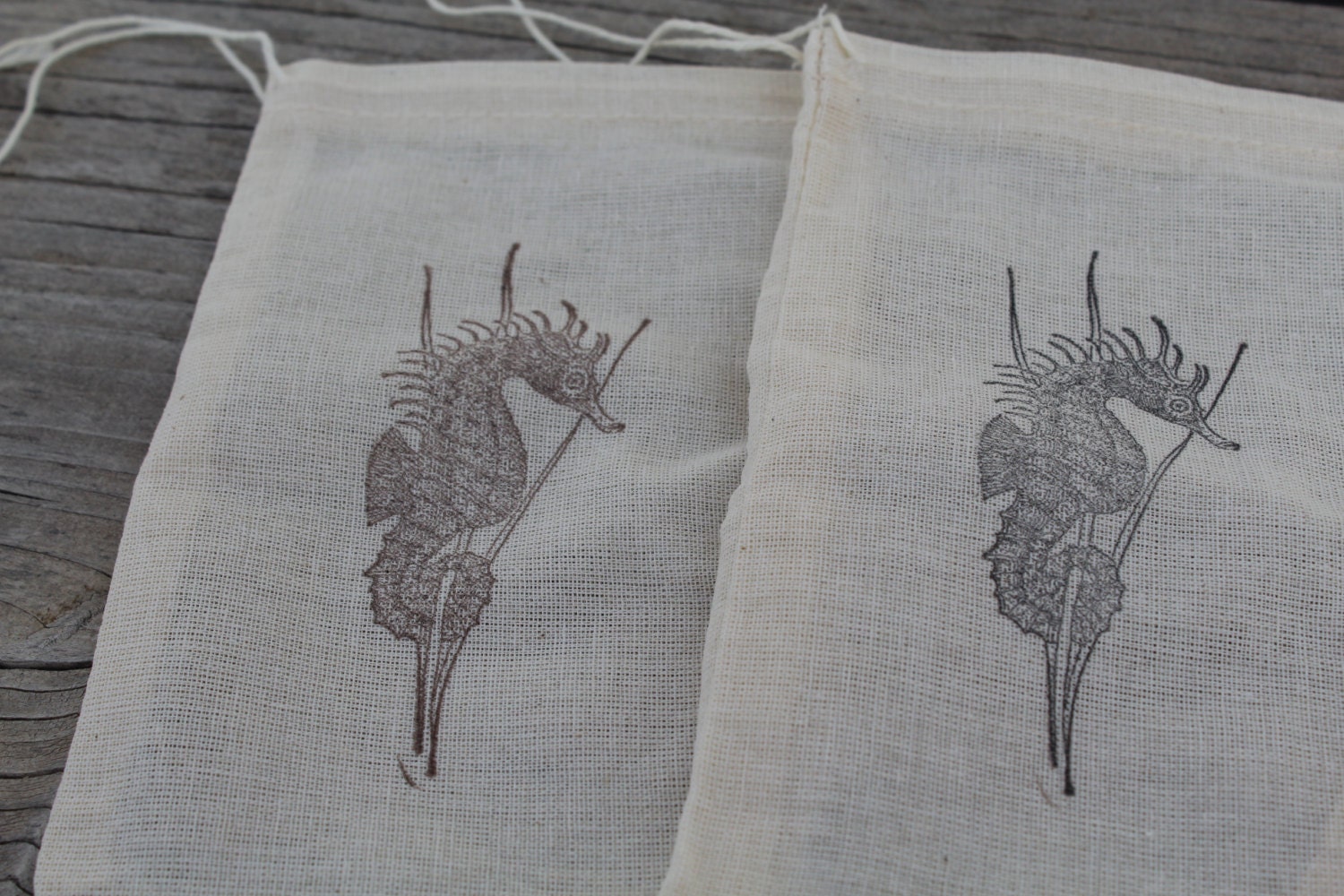 Set Of 10 Hand Stamped Sea Horse Ocean Wedding Organic Party Favor Muslin Bags