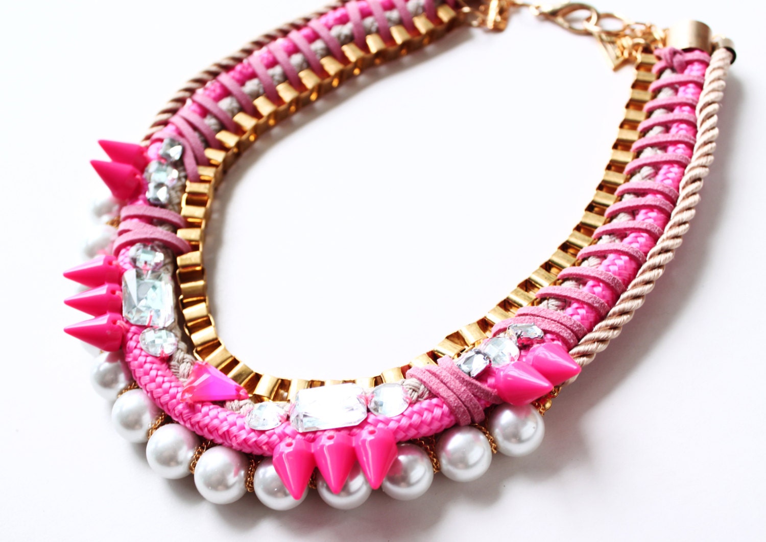 Facade, pastel neon rope necklace with pearls and rhinestones, collar, pink, SS13, colorful, quirky, unique statement necklace, OOAK jewelry