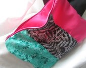 Green floral cosmetic pouch, multi colored flat clutch, striped pouch, zippered pouch, black & pink womens bag