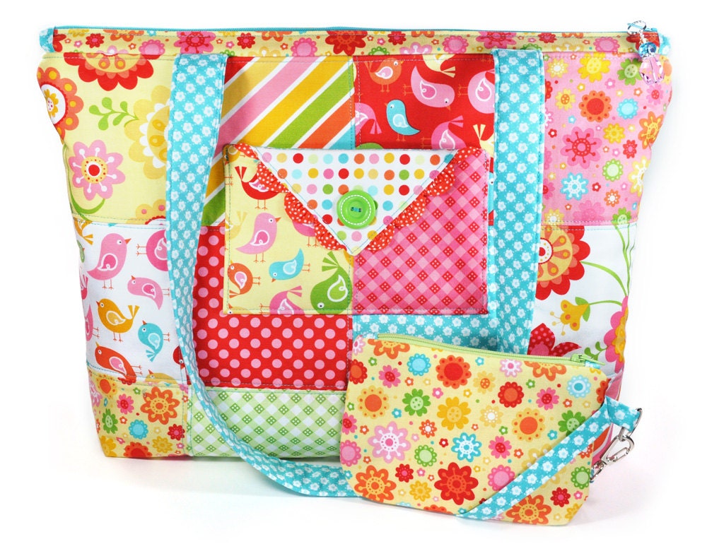 Quilted Zipper Tote Bag Patchwork Large Pink Red Turquoise Yellow Flowers Birds