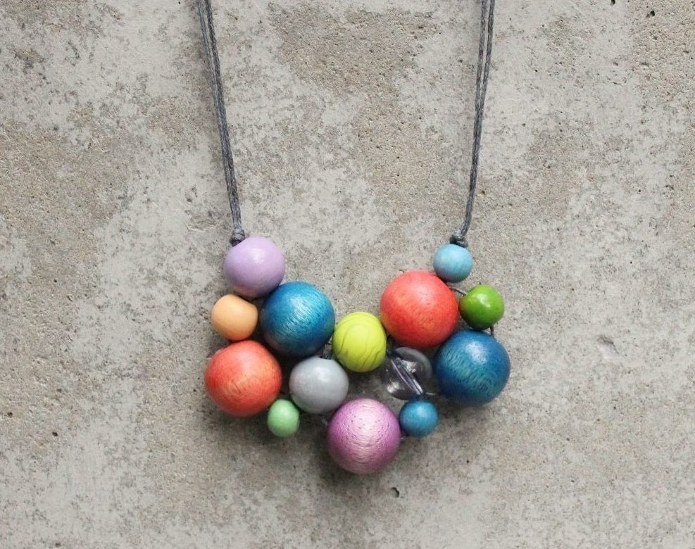 Chunky bib necklace, bead necklace, chunky, chevron, wooden bead, nectarine, lilac, blue, boho, woven bead necklace.