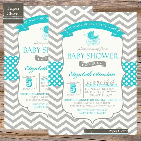 Neutral Baby shower invitation, carriage, aqua blue - digital file, printable #185 Il_570xn