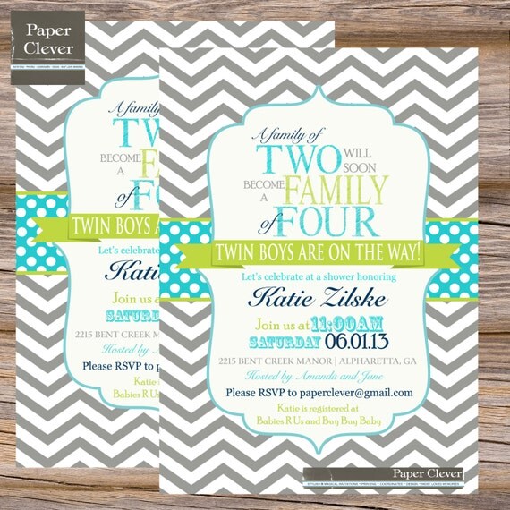 Twins Baby shower invitation - typography, aqua, lime- digital file, printable #155 Il_570xn