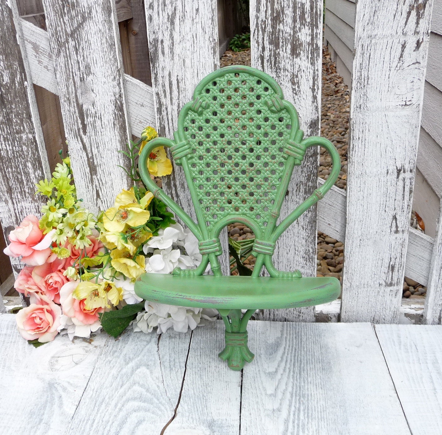 Green Wall Shelf - Shabby Chic Painted Homco / Syroco Style Wall Shelf