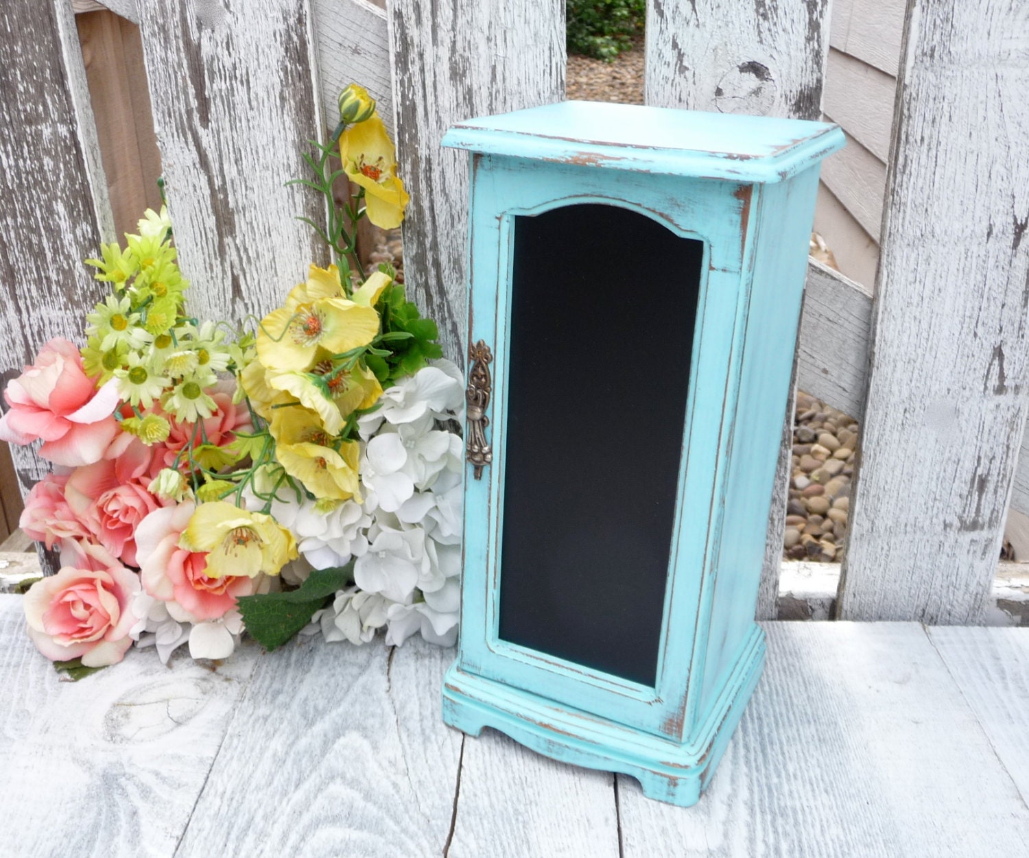 Chalkboard Jewelry Box - Tall Vintage Jewelry box in SHABBY CHIC Aqua Blue