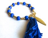 Blue & Gold Beaded Tassel Bracelet with Gold Leaf Charm - Wire Bracelet with Clasp - Layering Bracelet- Tassel Bracelet