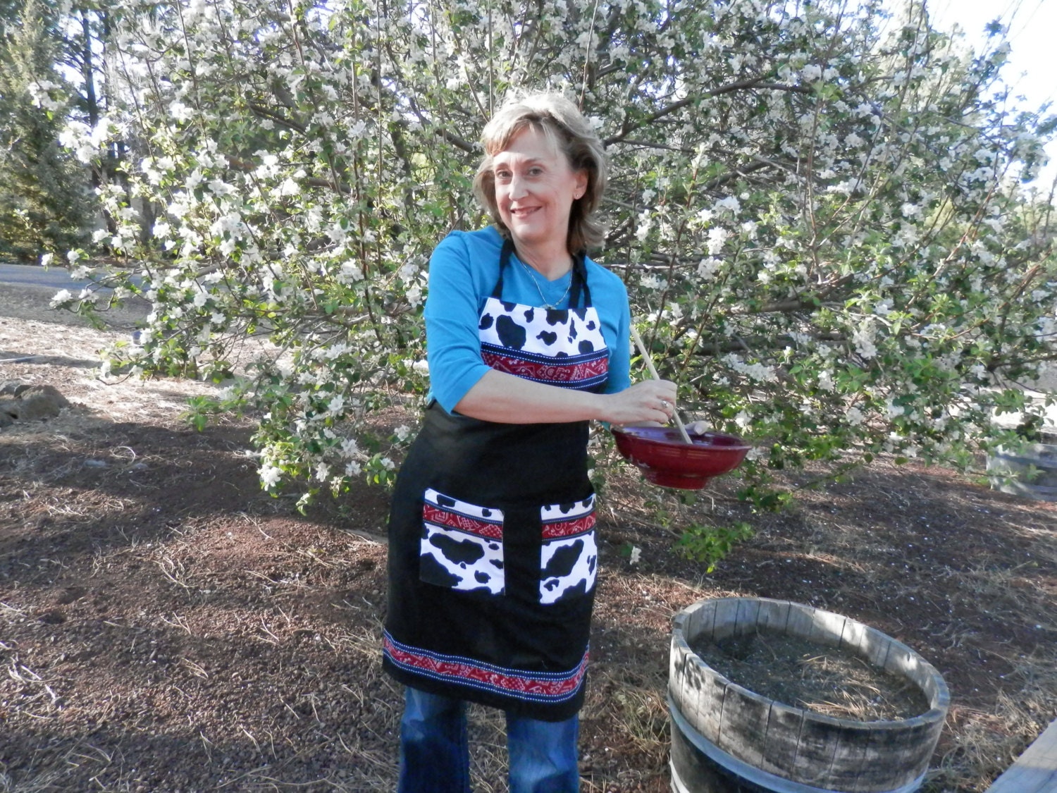 Black Country Western Style Apron with Red Bandana and Cow Print Accents