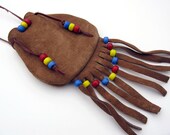 Fringed leather medicine pouch, larger size, drawstring pouch, upcycled suede with glass crow beads, Native American style, tribal