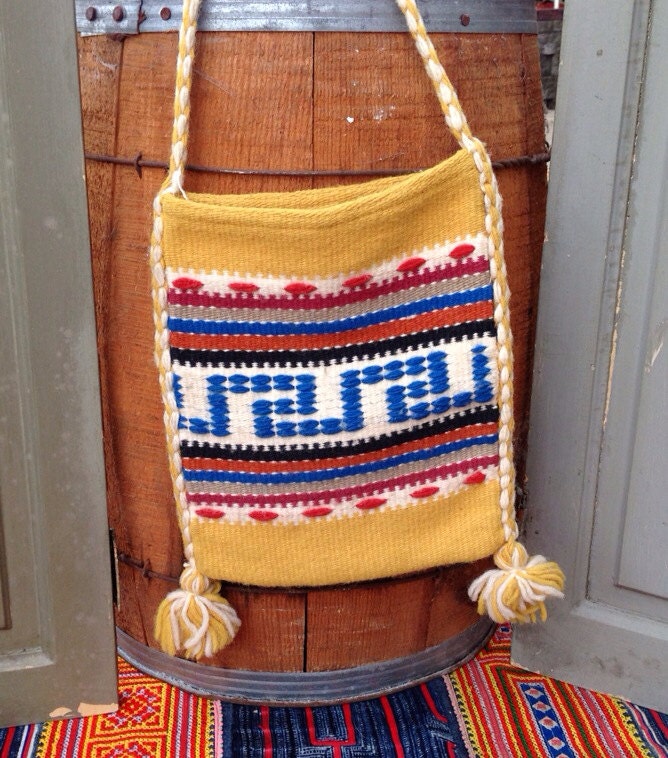 Vintage "Modern Apothecary" Festival Cross-Body Pouch of Magical Treasures - Geometric Pattern, yellow, blue, red