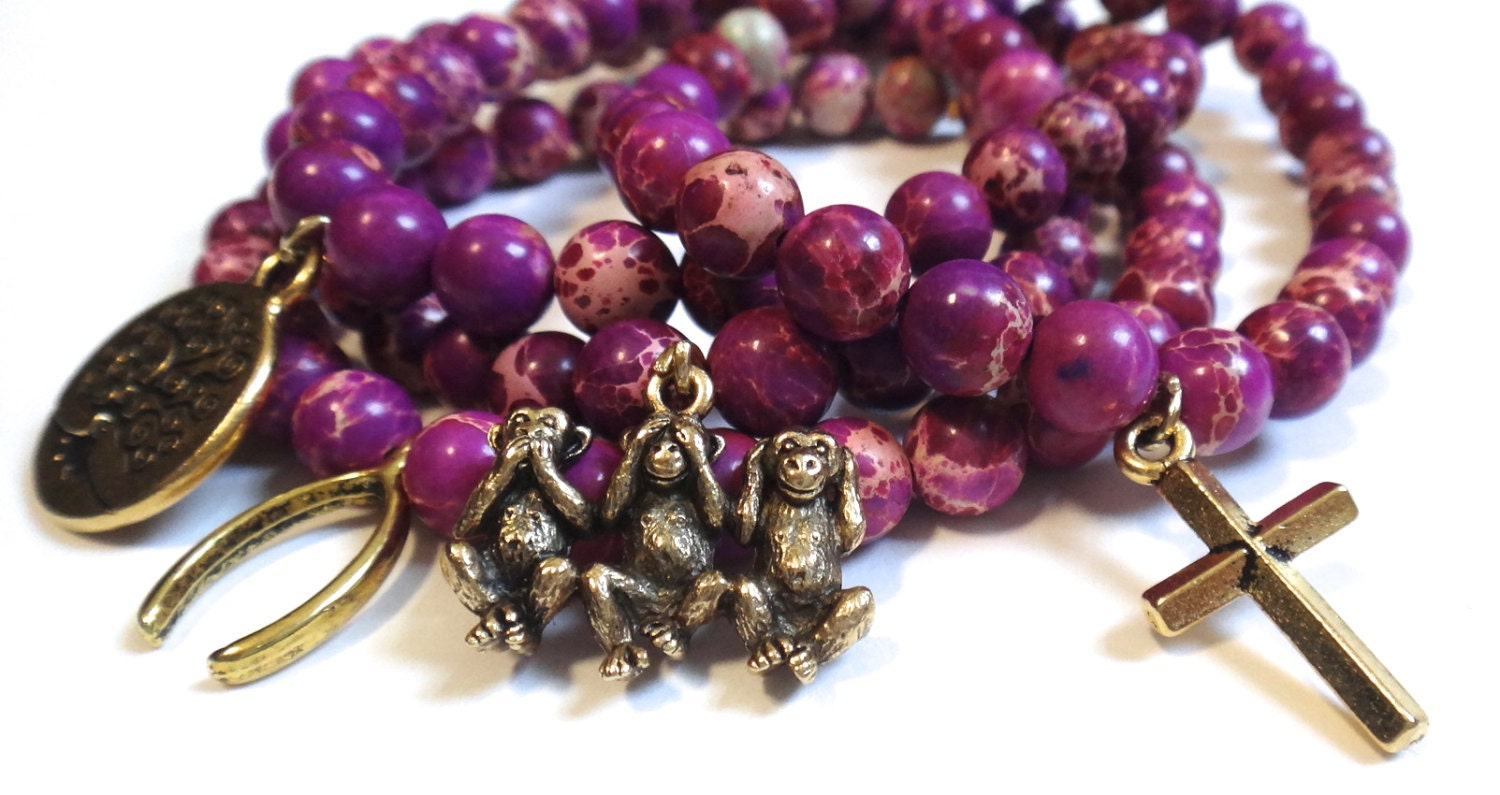 Purple Magnesite Beaded Bracelet with Gold Three Wise Monkey